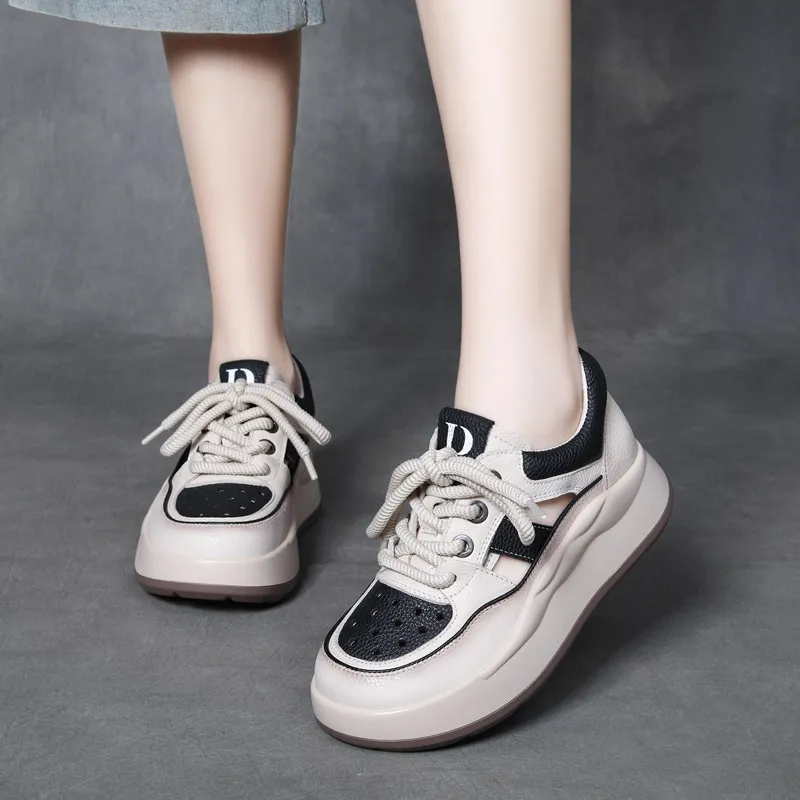 njxdsy Beige Black Leather Lace Up Thick Bottom Mesh Shoes