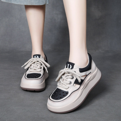 DreamSole Beige Black Leather Lace Up Thick Bottom Mesh Shoes 02