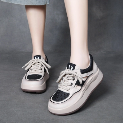 DreamSole Beige Black Leather Lace Up Thick Bottom Mesh Shoes 02