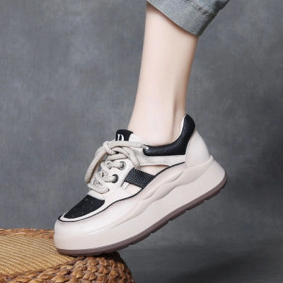 DreamSole Beige Black Leather Lace Up Thick Bottom Mesh Shoes 01