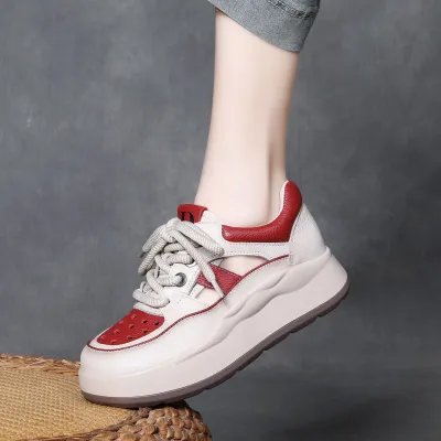 njxdsy Beige Red Leather Lace Up Thick Bottom Mesh Shoes 02