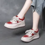 njxdsy Beige Red Leather Lace Up Thick Bottom Mesh Shoes