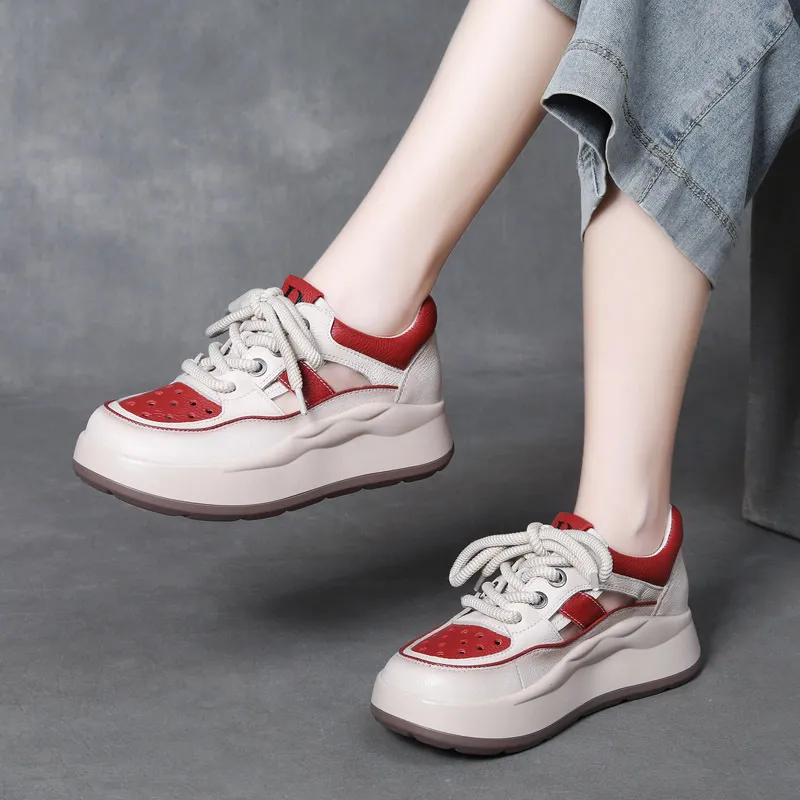 njxdsy Beige Red Leather Lace Up Thick Bottom Mesh Shoes