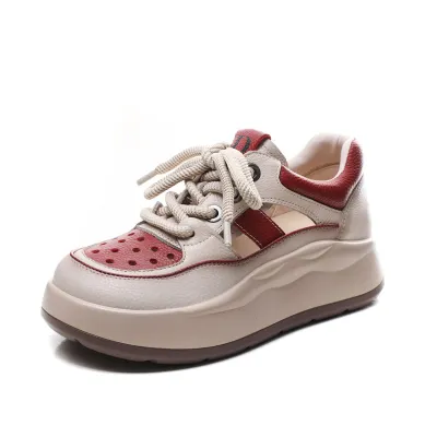 njxdsy Beige Red Leather Lace Up Thick Bottom Mesh Shoes 01