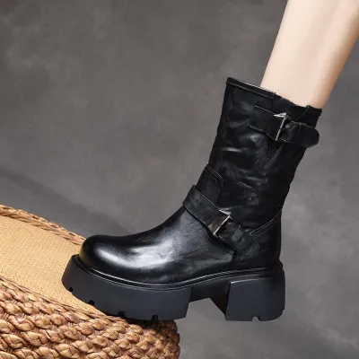 njxdsy Black Cowhide Cotton Boots Women's Boots 01