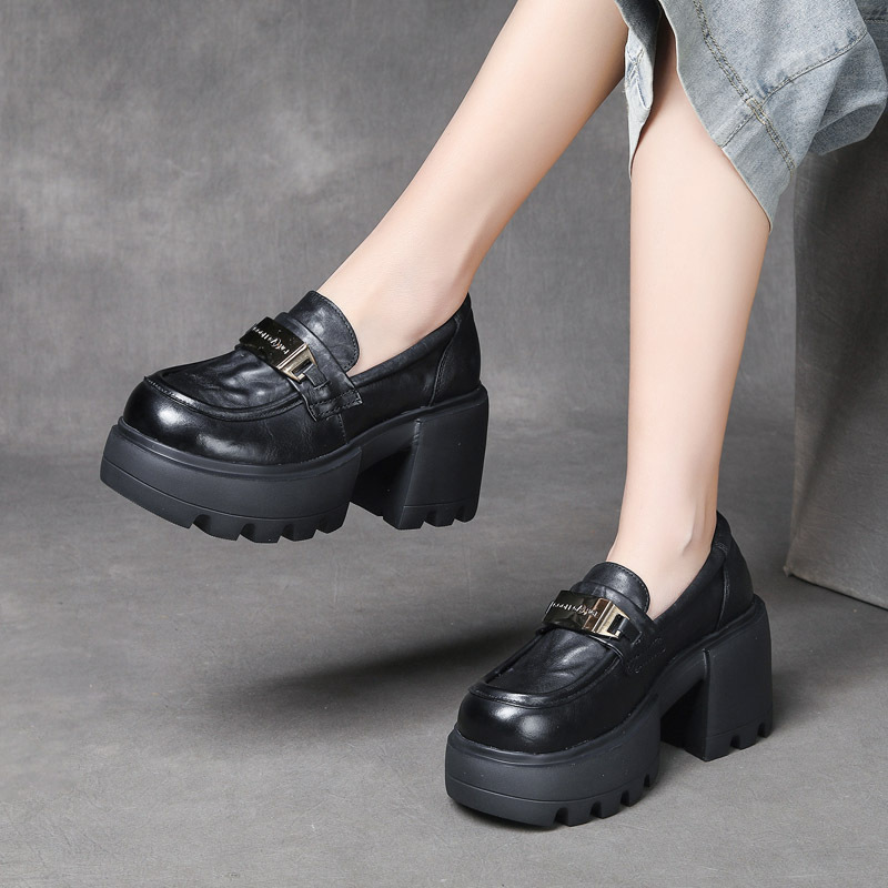 njyxdsy Brown Hand grip pattern head layer cowhide high-heeled single shoes