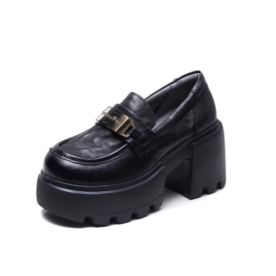 njyxdsy Black Hand grip pattern head layer cowhide high-heeled single shoes 01