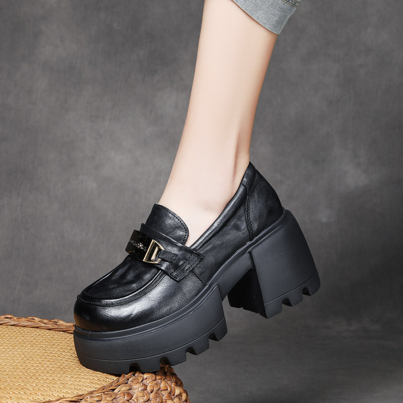 njyxdsy Brown Hand grip pattern head layer cowhide high-heeled single shoes