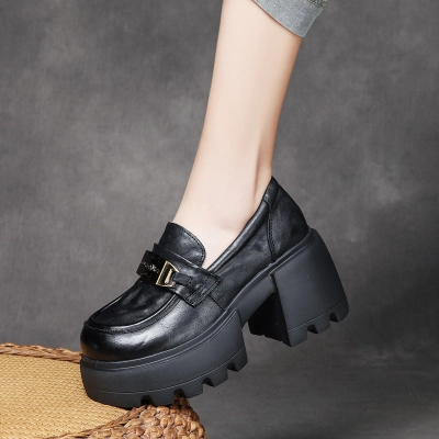 njyxdsy Black Hand grip pattern head layer cowhide high-heeled single shoes 02