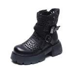 njyxdsy Black Head layer cowhide hollow out mid-calf women's boots 