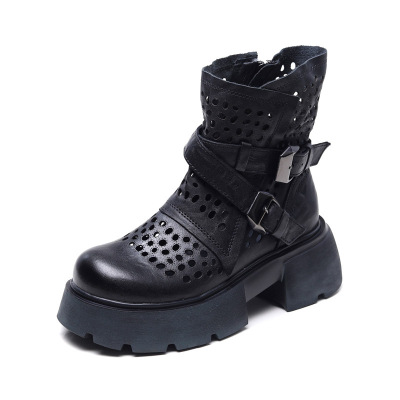 njyxdsy Black Head layer cowhide hollow out mid-calf women's boots  01