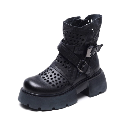 njyxdsy Black Head layer cowhide hollow out mid-calf women's boots  01