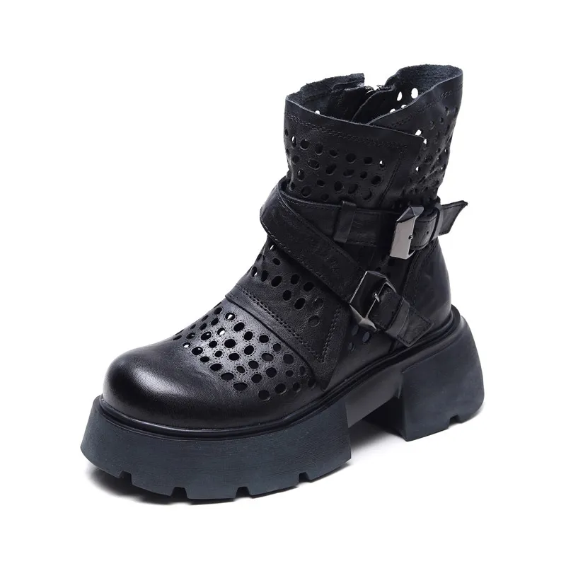 njyxdsy Black Head layer cowhide hollow out mid-calf women's boots 