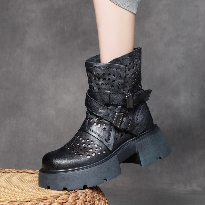 njyxdsy Black Head layer cowhide hollow out mid-calf women's boots 