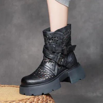 njyxdsy Black Head layer cowhide hollow out mid-calf women's boots  02