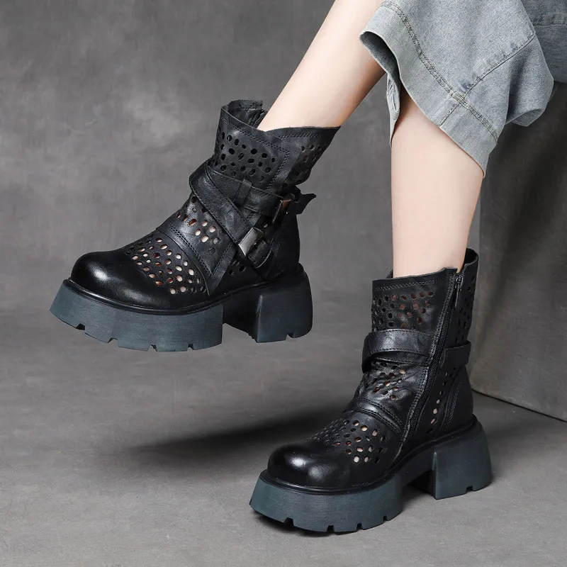 njyxdsy Black Head layer cowhide hollow out mid-calf women's boots 
