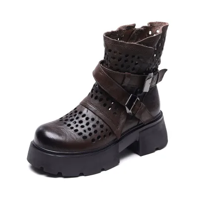 njyxdsy Brown Head layer cowhide hollow out mid-calf women's boots  01
