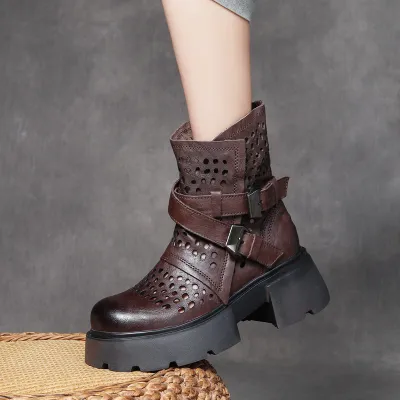 njyxdsy Brown Head layer cowhide hollow out mid-calf women's boots  02