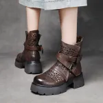 njyxdsy Brown Head layer cowhide hollow out mid-calf women's boots 