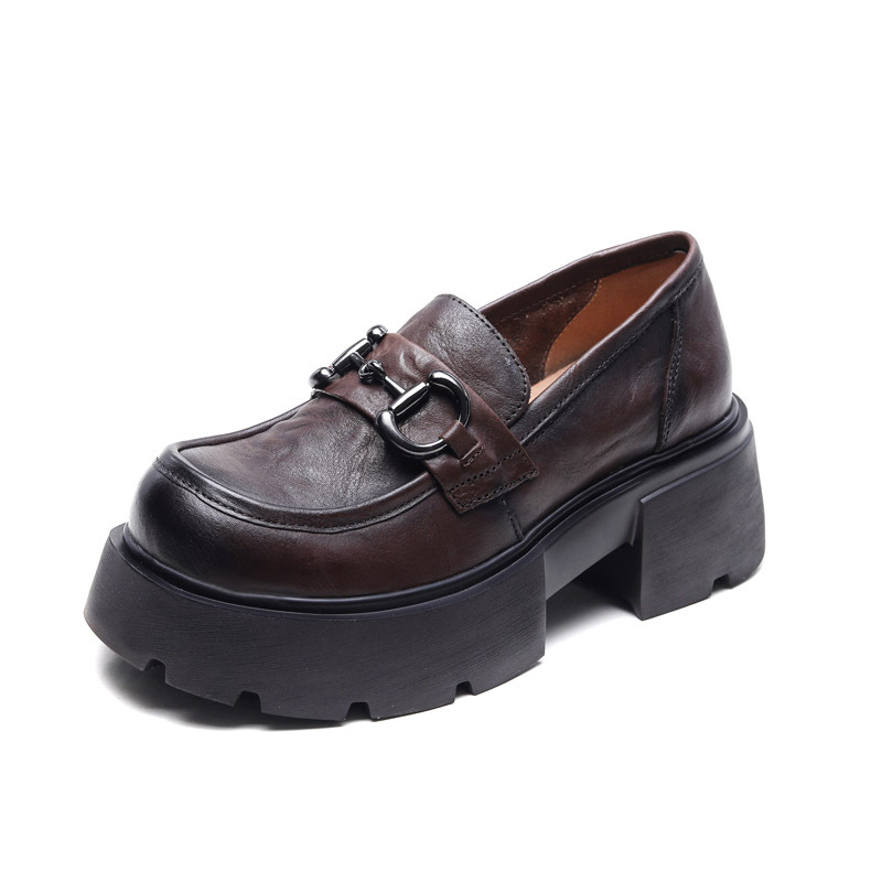 njyxdsy Khaki Spring Retro Head Cowhide Women's Shoes