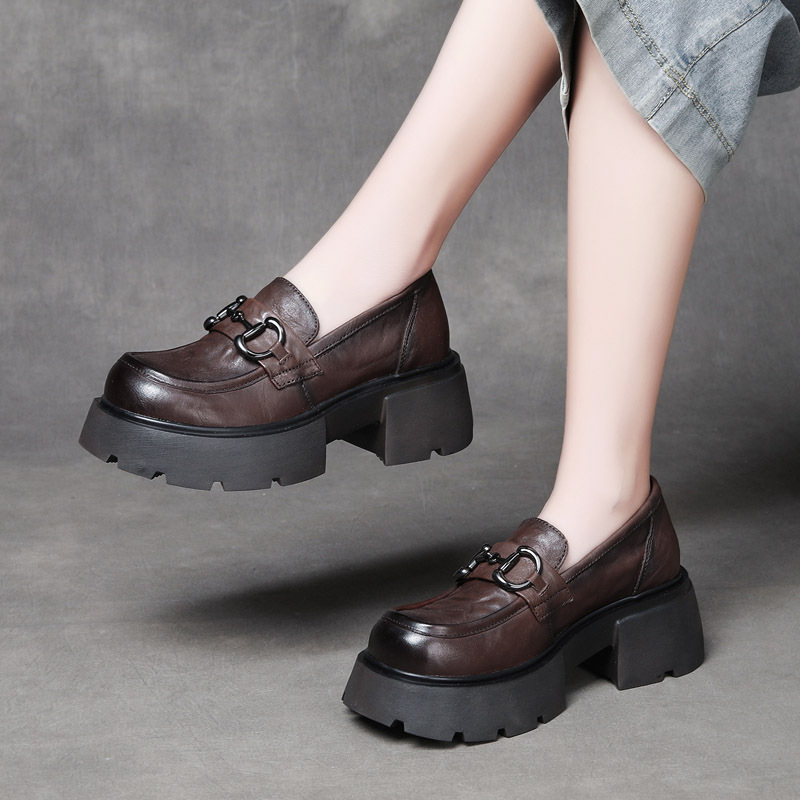 njyxdsy Khaki Spring Retro Head Cowhide Women's Shoes