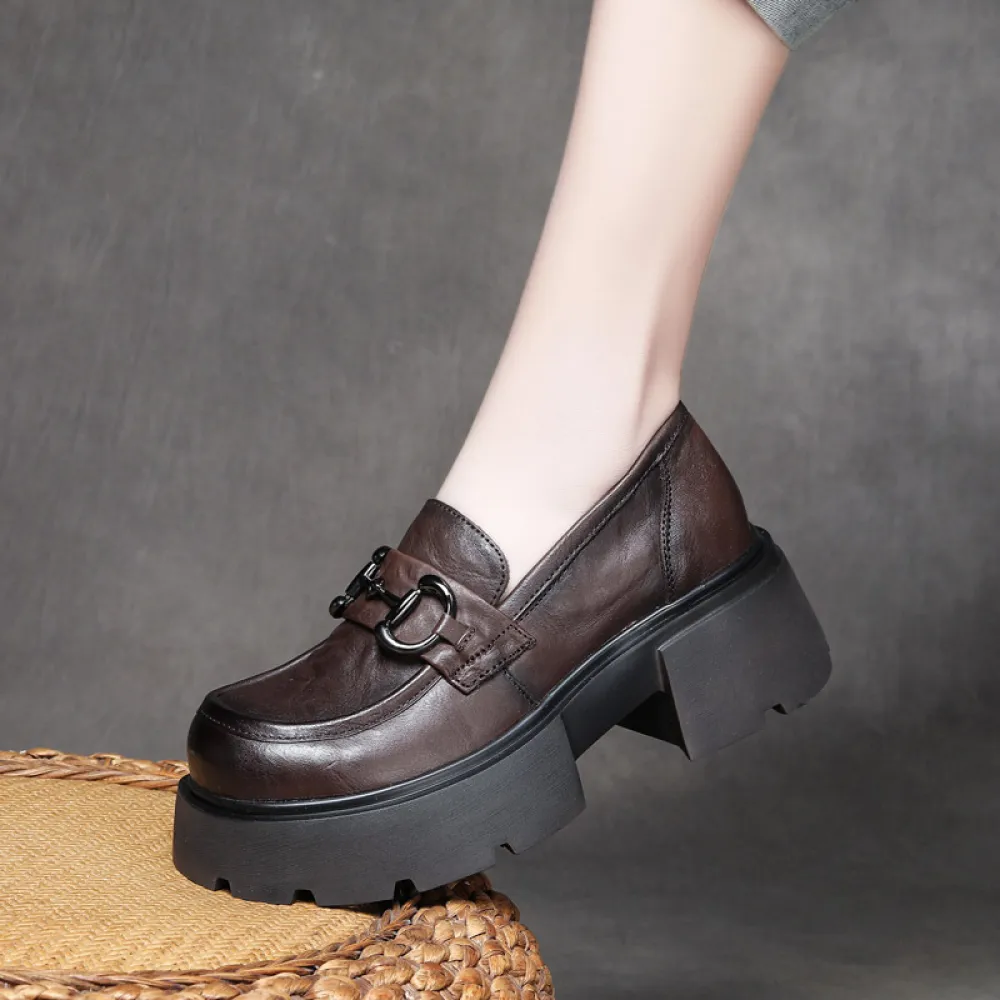 njyxdsy Khaki Spring Retro Head Cowhide Women's Shoes