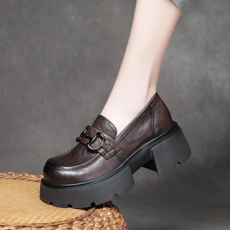 njyxdsy Khaki Spring Retro Head Cowhide Women's Shoes