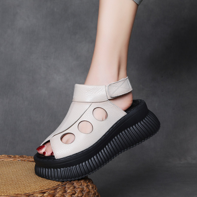  Velokicks Beige Cowhide Fish Mouth Thick Bottom Shoes