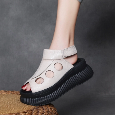  Velokicks Beige Cowhide Fish Mouth Thick Bottom Shoes 02