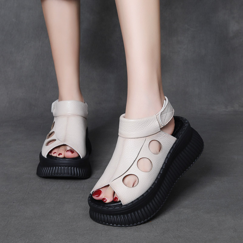  Velokicks Beige Cowhide Fish Mouth Thick Bottom Shoes