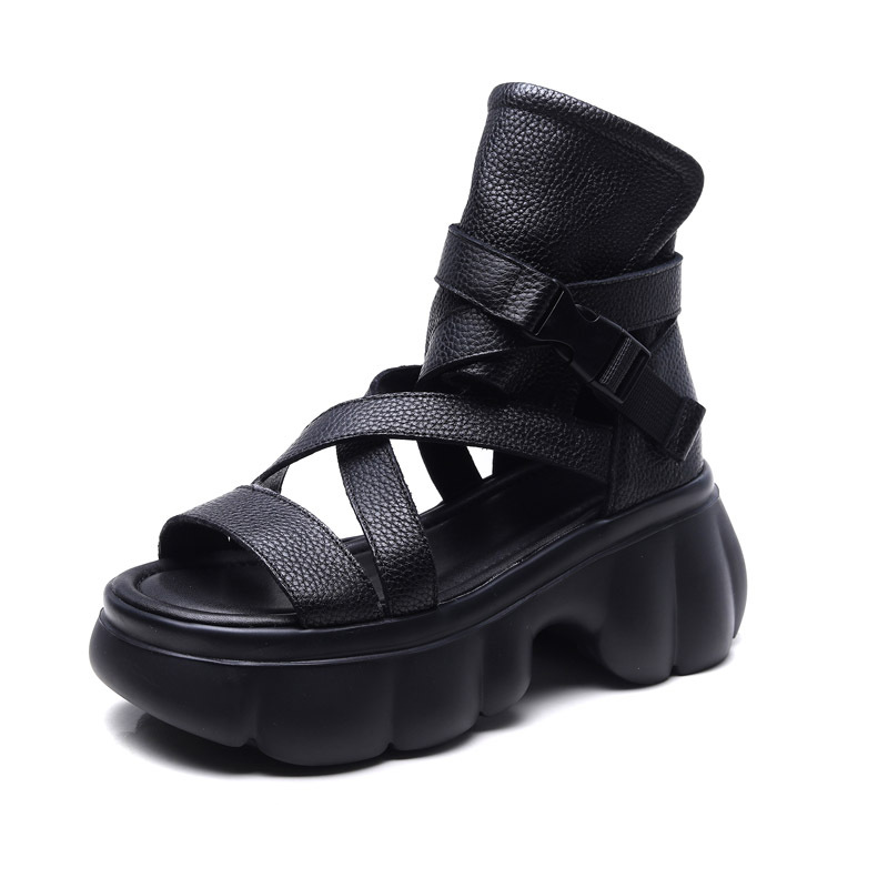  Velokicks Black Cowhide Hollowed Out Roman High Heeled Sandals