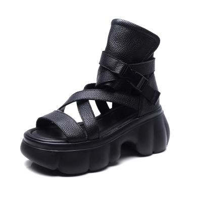  Velokicks Black Cowhide Hollowed Out Roman High Heeled Sandals 01