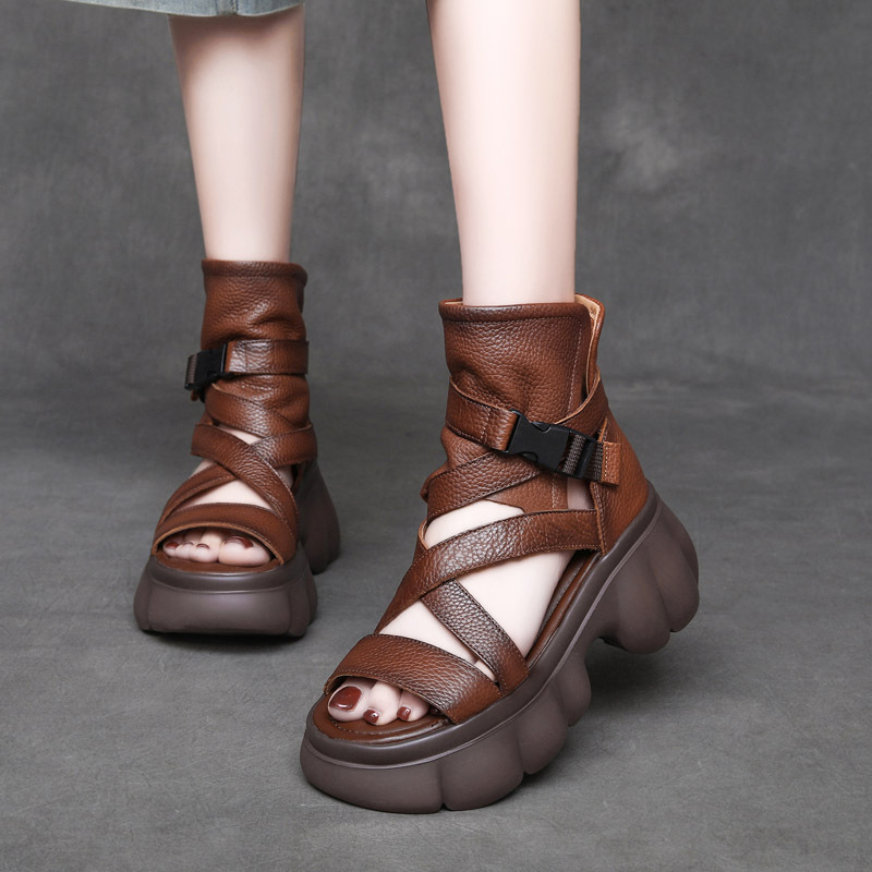  Velokicks Brown Cowhide Hollowed Out Roman High Heeled Sandals