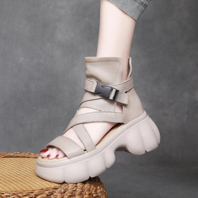 Velokicks Beige Cowhide Hollowed Out Roman High Heeled Sandals 01