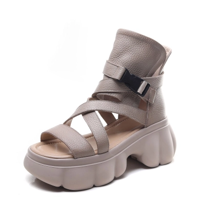 Velokicks Beige Cowhide Hollowed Out Roman High Heeled Sandals 02