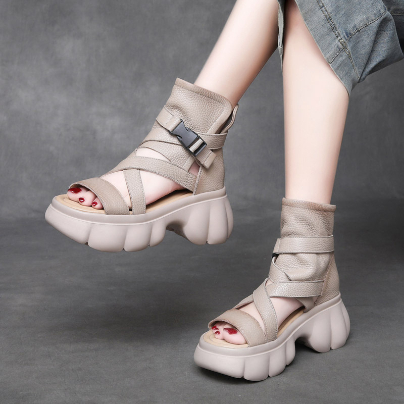 Velokicks Beige Cowhide Hollowed Out Roman High Heeled Sandals