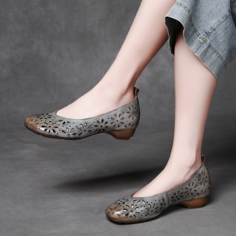 Velokicks Gray water-dyed head layer cowhide shallow mouth hollow single shoes