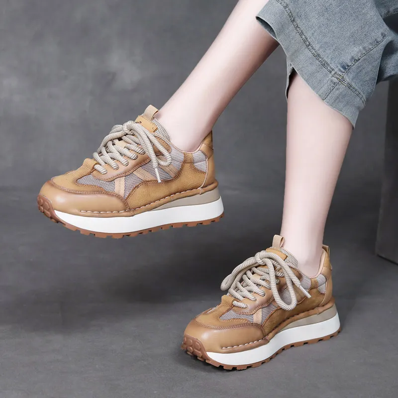 njxdsy Yellow leather casual sports style lace up non-slip women's shoes