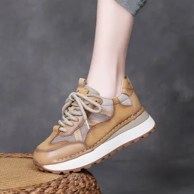 njxdsy Yellow leather casual sports style lace up non-slip women's shoes 02