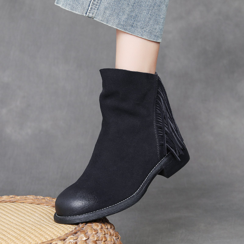 DreamSole Fashion Silk leather Women's Boots with Tassel Short Boots Black