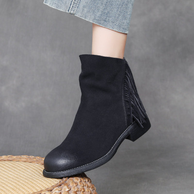 DreamSole Fashion Silk leather Women's Boots with Tassel Short Boots Black 01