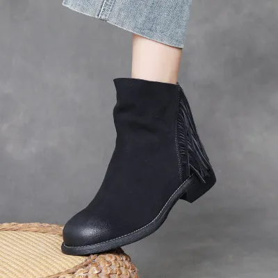 DreamSole Fashion Silk leather Women's Boots with Tassel Short Boots Black 01