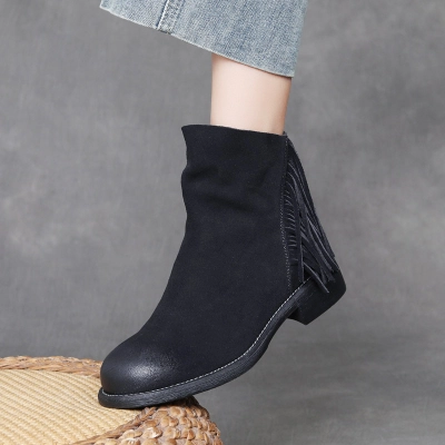 DreamSole Fashion Silk leather Women's Boots with Tassel Short Boots Black 01