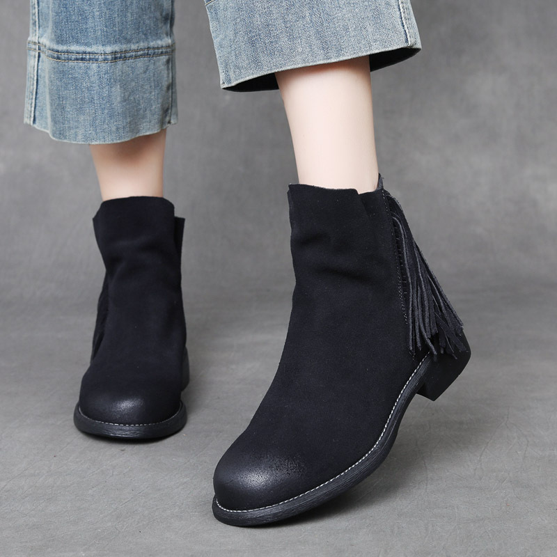 DreamSole Fashion Silk leather Women's Boots with Tassel Short Boots Black