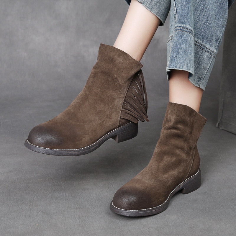 DreamSole Fashion Silk leather Women's Boots with Tassel Short Boots Brown