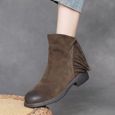 DreamSole Fashion Silk leather Women's Boots with Tassel Short Boots Brown 01