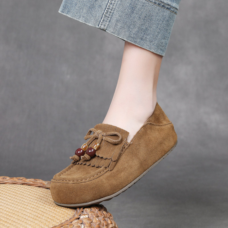 DreamSole Retro Beaded Tassel Single Shoes Khaki