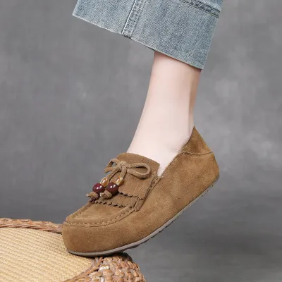 DreamSole Retro Beaded Tassel Single Shoes Khaki 01