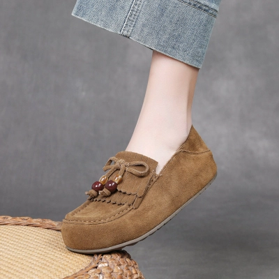 DreamSole Retro Beaded Tassel Single Shoes Khaki 01