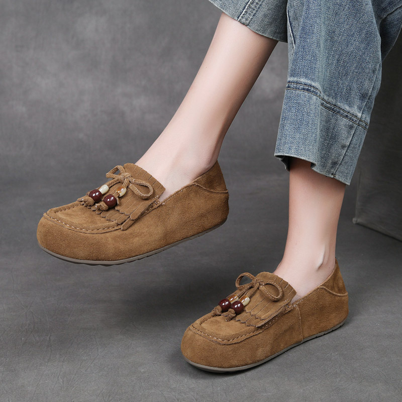 DreamSole Retro Beaded Tassel Single Shoes Khaki